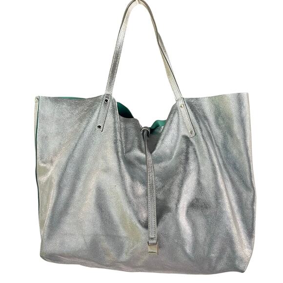 Tiffany & Co. Reversible Metallic Silver Leather Tote w/ Matching Zip Pouch RARE - Picture 1 of 16